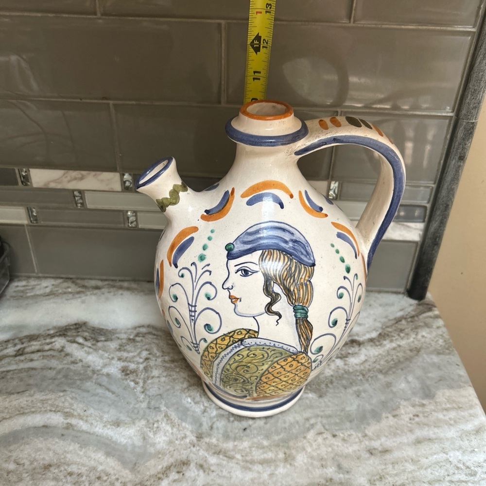Vintage Italian Majolica Terracotta Pitcher Jug Womans Face 11 “ Hand Painted - Picture 7 of 8